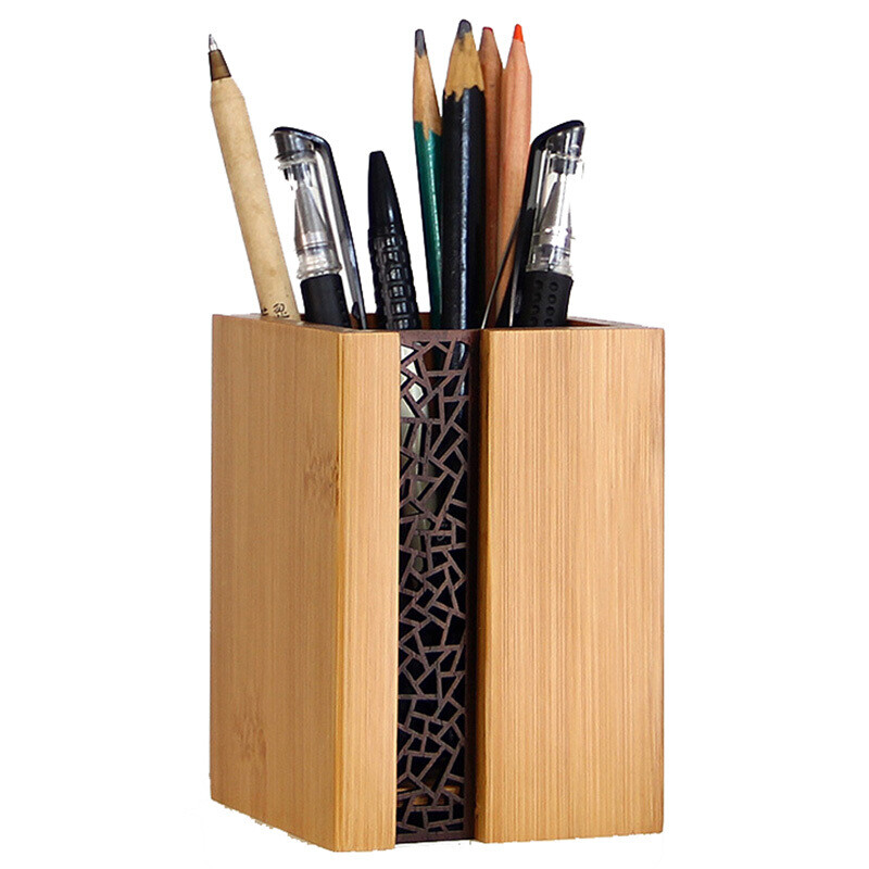 笔筒 竹制笔筒创意时尚可爱多功能文具办公用品复古桌面摆件竹木质生日礼物 如意纹窗格笔筒